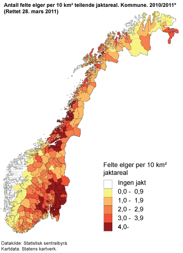 Antall felte elger per 10 km² tellende jaktareal. Kommune. 2010/2011*