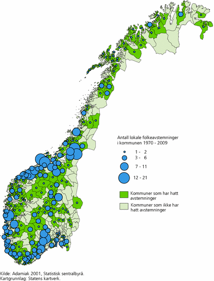 Figur 7. Lokale folkeavstemninger, etter kommune. Antall avstemninger 1970-2009