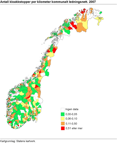 Antall kloakkstopper per kilometer kommunalt ledningsnett. 2007 