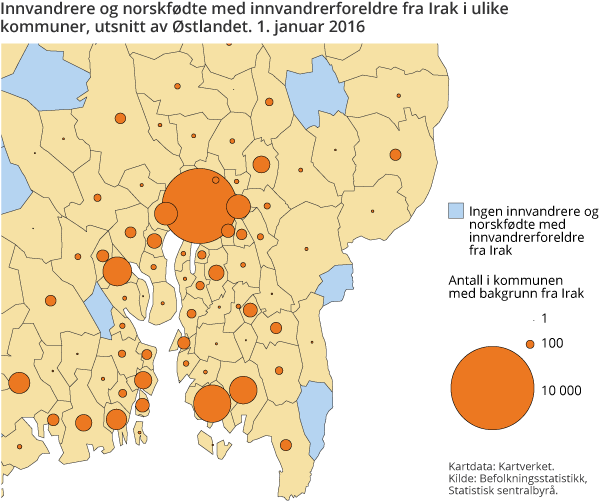 Innvandrere og norskfødte med innvandrerforeldre fra Irak i ulike kommuner, utsnitt av Østlandet. 1. januar 2016