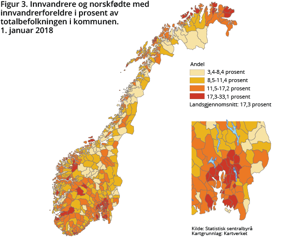 Figur 3. Innvandrere og norskfødte med innvandrerforeldre i prosent av totalbefolkningen i kommunen. 1. januar 2018
