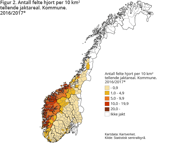 Figur 2. Antall felte hjort per 10 km2 tellende jaktareal. Kommune. Foreløpige tall. 2016/2017