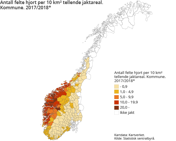 Figur 2. Antall felte hjort per 10 km2 tellende jaktareal. Kommune. Foreløpige tall. 2017/2018