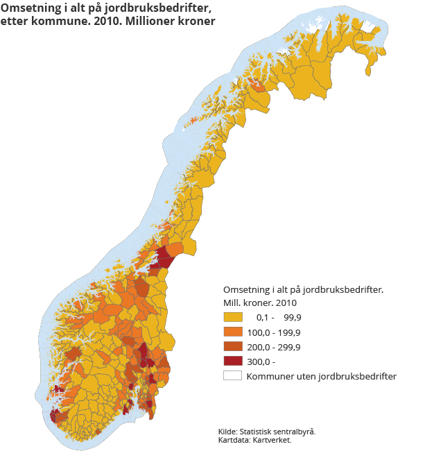 Omsetning i alt, etter kommune 2010. Millioner kroner