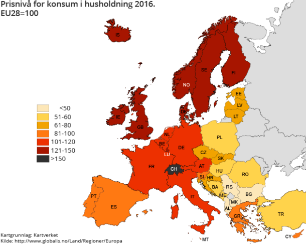 Figur 2. Prisnivå for konsum i husholdning 2016. EU28=100