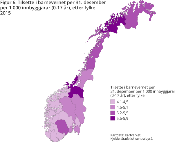 Figur 6. Tilsette i barnevernet per 31. desember per 1 000 innbyggjarar (0-17 år) etter fylke. 2015