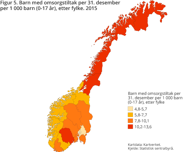 Figur 5. Barn med omsorgstiltak per 31. desember per 1 000 barn (0-17 år) etter fylke. 2015