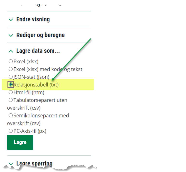 Skjermbilde av valgene som er tiljgengelige under menyvalget "Lagre data som...". Her bør du velge "Relasjonstabell (txt) når du ønsker å lagre i et format som kan pivoteres.