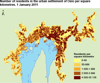 Number of residents in the urban settlement of Oslo per square kilometre. 1 January 2011