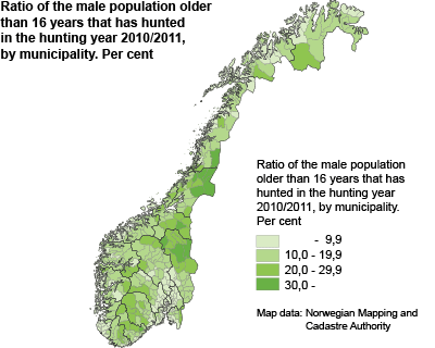 Ratio of the male population older than 16 years that has hunted in the hunting year 2010/2011, by municipality.