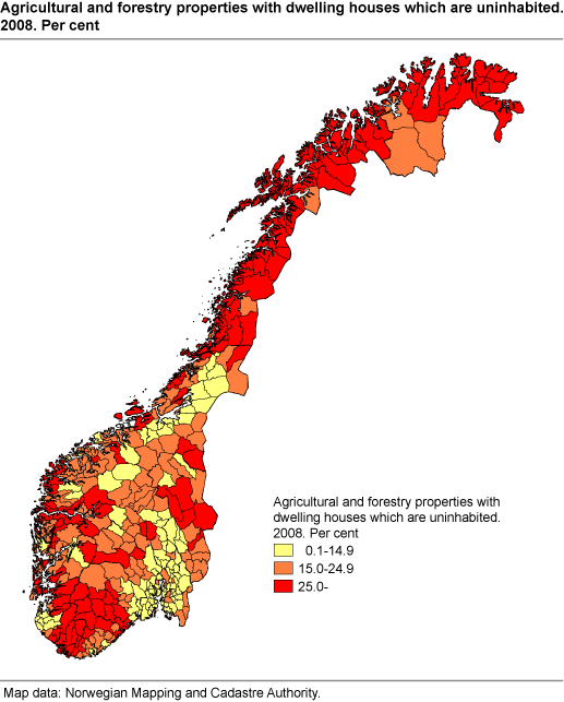 Agricultural and forestry properties with uninhabited dwelling houses. 2008. Per cent