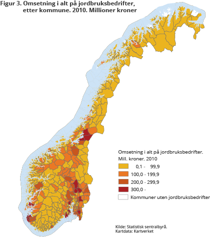 Omsetning i alt, etter kommune 2010. Millioner kroner