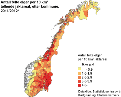Antall felte elger per 10 km² tellende jaktareal, etter kommune. 2011/2012*