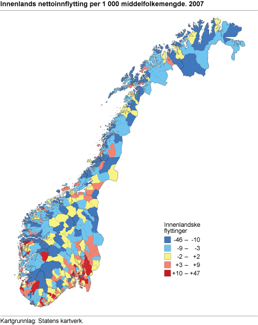Innenlands nettoinnflytting per 1 000 middelfolkemengde. 2007