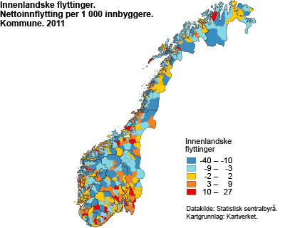 Innenlandske flyttinger. Nettoinnflytting per 1000 innbyggere. Kommune 2011 