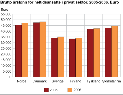 Brutto årslønn for heltidsansatte i privat sektor. 2005 og 2006. Euro