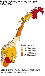 Dagligrøykere, etter region og tid. 2004-2008