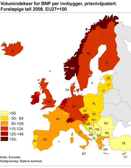 Volumindekser for BNP per innbygger, prisnivåjustert. Foreløpige tall 2008. EU27=100