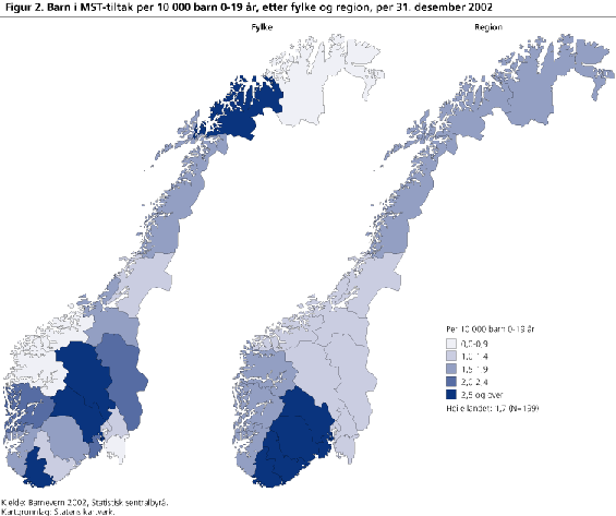 Barn i MST-tiltak per 10 000 barn 0-19 år, etter fylke og region, per 31. desember 2002