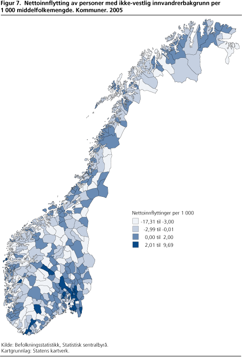 Nettoinnflytting av personer med ikke-vestlig innvandrerbakgrunn per 1 000 middelfolkemengde. Kommuner. 2005
