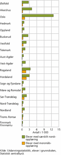 Figur 4. Antall elever med særskilt norskopplæring og elever med morsmålsopplæring, etter fylke. 2008/09