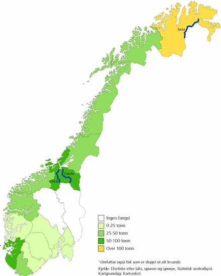 Figur 5. Fangst av laks, sjøaure og sjørøye, etter fylke. 2011. Kg