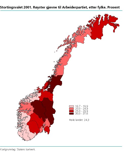  Stortingsvalet 2001. Røyster gjevne til Arbeidapartiet, etter fylke. Prosent