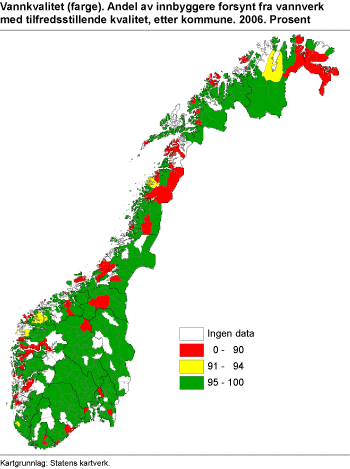 Vannkvalitet (farge). Andel av innbyggere forsynt fra vannverk med tilfredsstillende kvalitet, etter kommune. 2006. Prosent