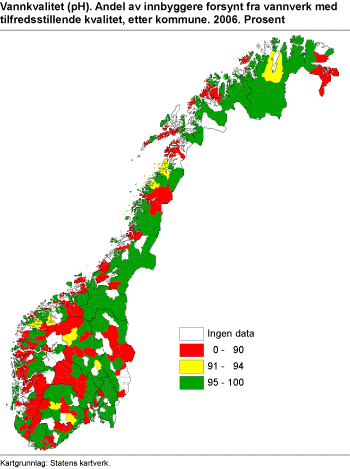 Vannkvalitet (pH). Andel av innbyggere forsynt fra vannverk med tilfredsstillende kvalitet, etter kommune. 2006. Prosent