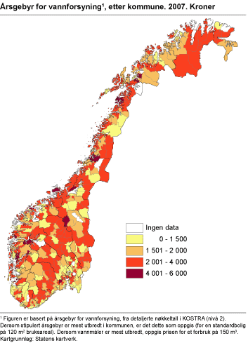 Årsgebyr for vannforsyning, etter kommune. 2007. Kroner