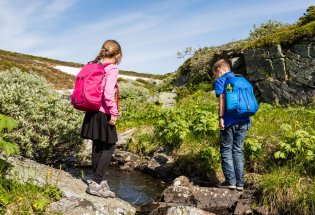 To barn på tur i naturen, en jente og en gutt, de står og kikker ned i et lite vann og begge har ryggsekk
