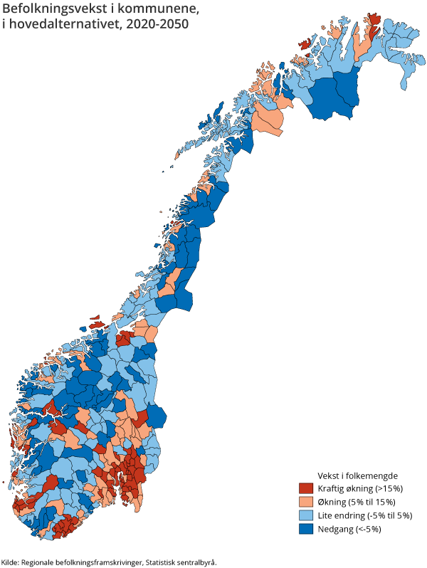 Befolkningsvekst i kommunene, i hovedalternativet, 2020-2050