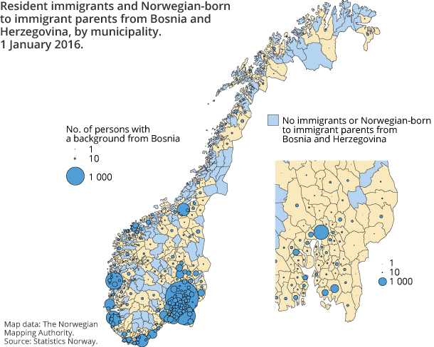 Figure 3. Resident immigrants and Norwegian-born to immigrant parents from Bosnia and Herzegovina, by municipality. 1 January 2016