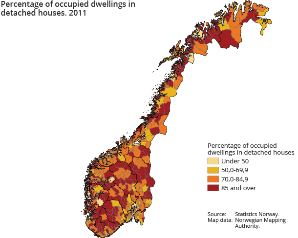 Percentage of occupied dwellings in detached houses. 2011