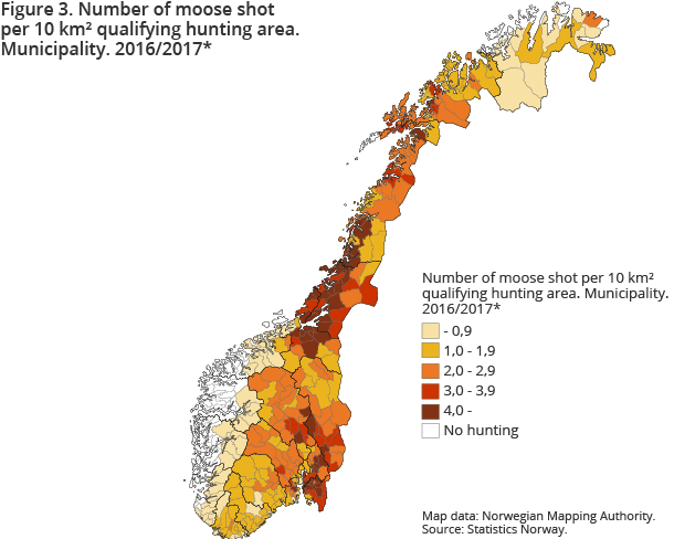 Figure 3. Number of moose shot per 10 km² qualifying hunting area. Municipality. Preliminary figures. 2016/2017