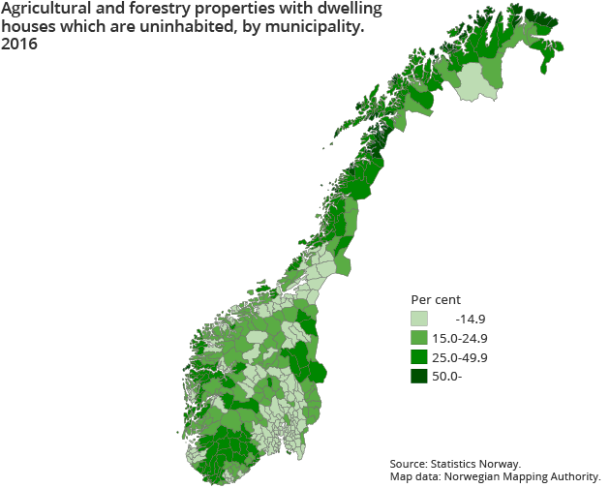 Figure 1.  Agricultural and forestry properties with dwelling houses which are uninhabited, by municipality. 2016
