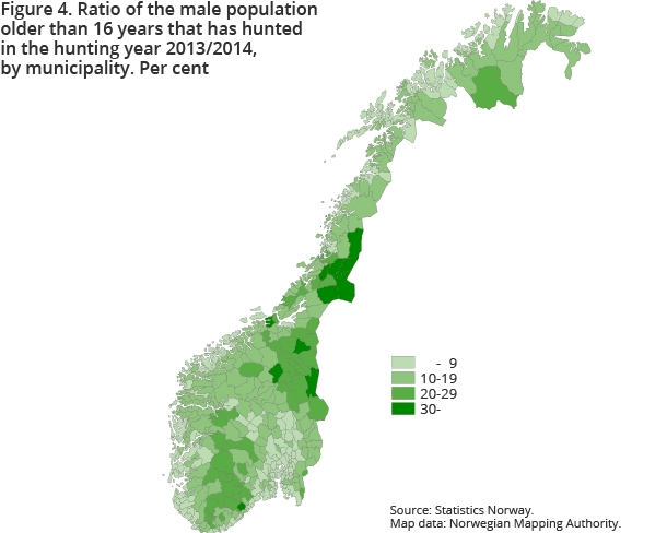 Figure 4. Ratio of the male population older than 16 years that has hunted in the hunting year 2013/2014, by municipality