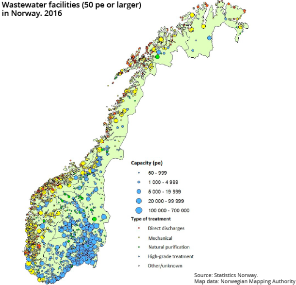 Figure 1. Wastewater facilities (50 pe or larger) in Norway. 2016
