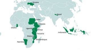 Kart over land der Statistisk sentralbyrå er involvert i samarbeidsprosjekter. Dette er: Ukraine, Nepal, Indonesia, Uganda, Mocambique, Ghana, Namibia, Malawi, Tanzania, Sudan, Etiopia og Kenya