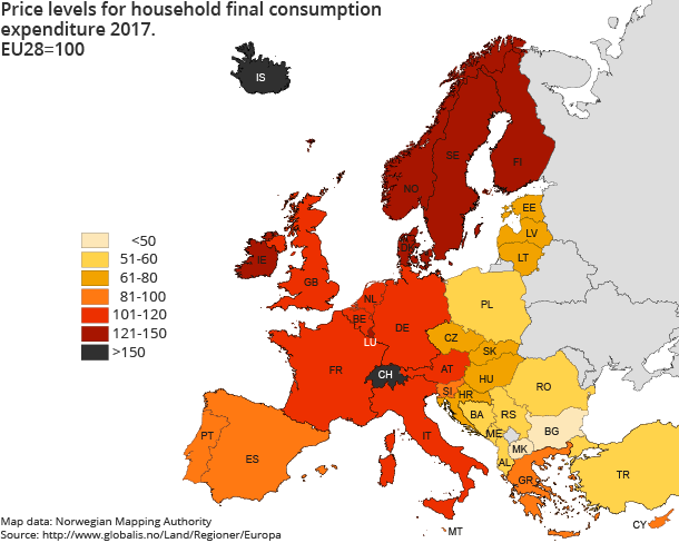 Price levels for Household final consumption expenditure 2017. EU28=100
