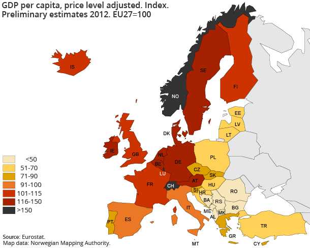 GDP per capita, price level adjusted. Index. Preliminary estimates 2012. EU27=100 