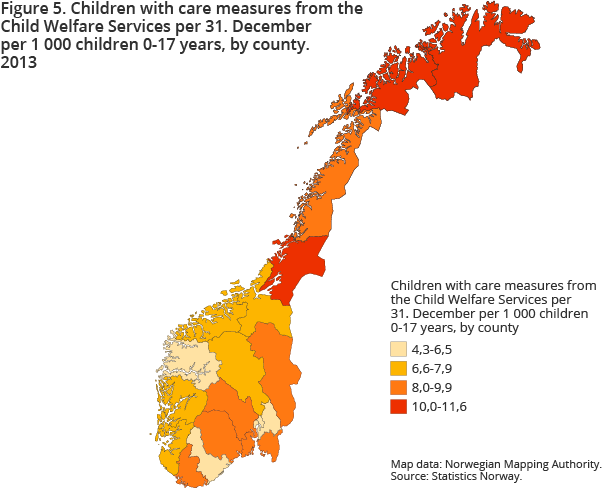 Figure 5. Children with care measures from the Child Welfare Services per 31. December per 1 000 children 0-17 years, by county. 2013