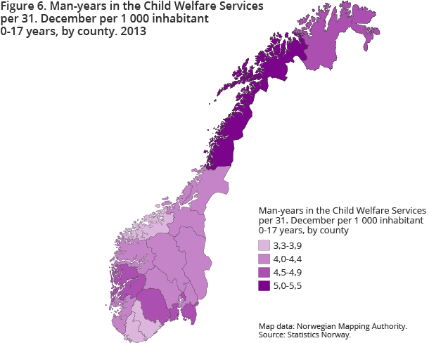 Figure 6. Man-years in the Child Welfare Services per 31. December per 1 000 inhabitant 0-17 years, by county. 2013