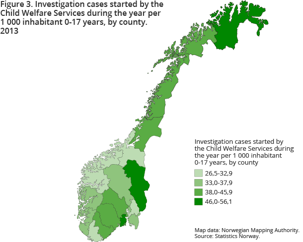 Figure 3. Investigation cases started by the Child Welfare Services during the year per 1 000 inhabitant 0-17 years, by county. 2013