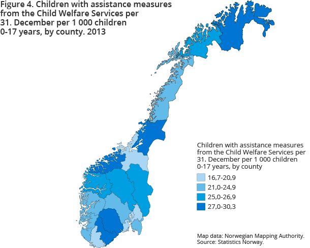 Figure 4. Children with assistance measures from the Child Welfare Services per 31. December per 1 000 children 0-17 years, by county. 2013