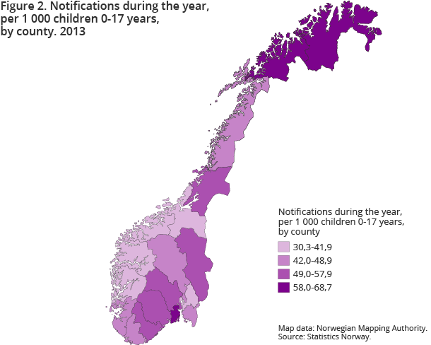 Figure 2. Notifications during the year, per 1 000 children 0-17 years, by county. 2013