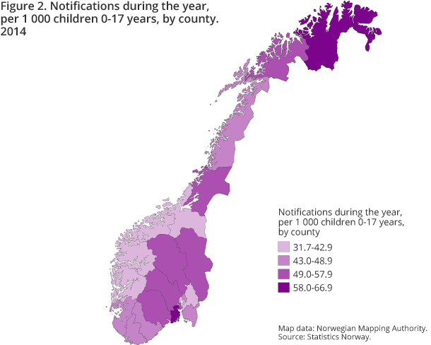 Figure 2. Notifications during the year, per 1 000 children 0-17 years, by county. 2014