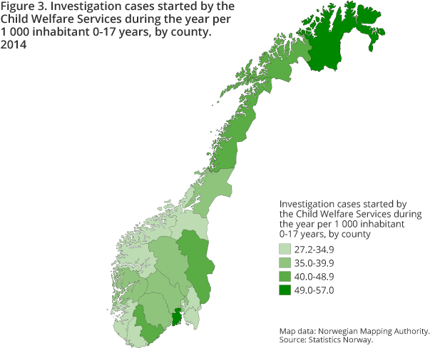 Figure 3. Investigation cases started by the Child Welfare Services during the year per 1 000 inhabitant 0-17 years, by county. 2014