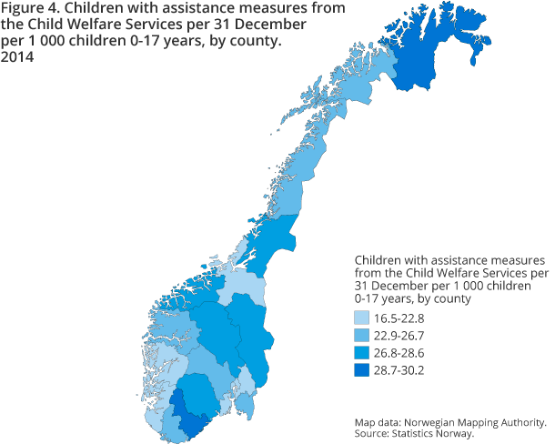 Figure 4. Children with assistance measures from the Child Welfare Services per 31 December per 1 000 children 0-17 years, by county. 2014