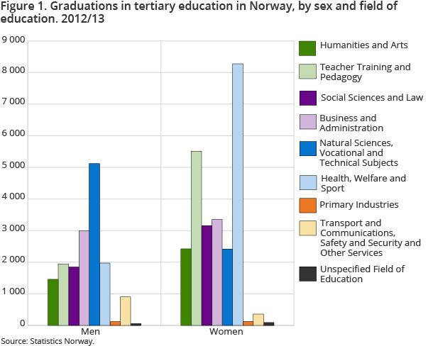 Figure 1. Graduations in tertiary education in Norway, by sex and field of education. 2012/13